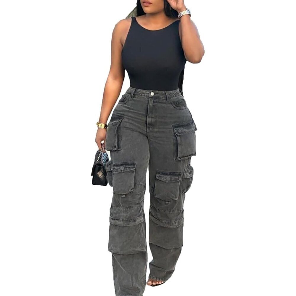 Women's Baggy Cargo Jeans Stretchy High Waisted Wide Leg Streetwear